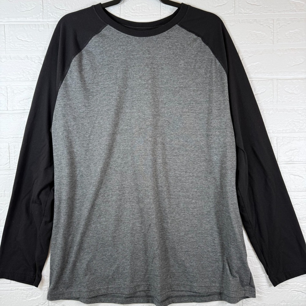 GEORGE Mens Baseball Tee Gray Black Two Tone Raglan Long Sleeve Shirt Sz XL